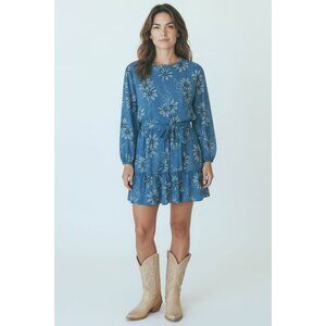 Flying Tomato Blue Floral Print Balloon Sleeve Dress w/Tie Size L Country Party